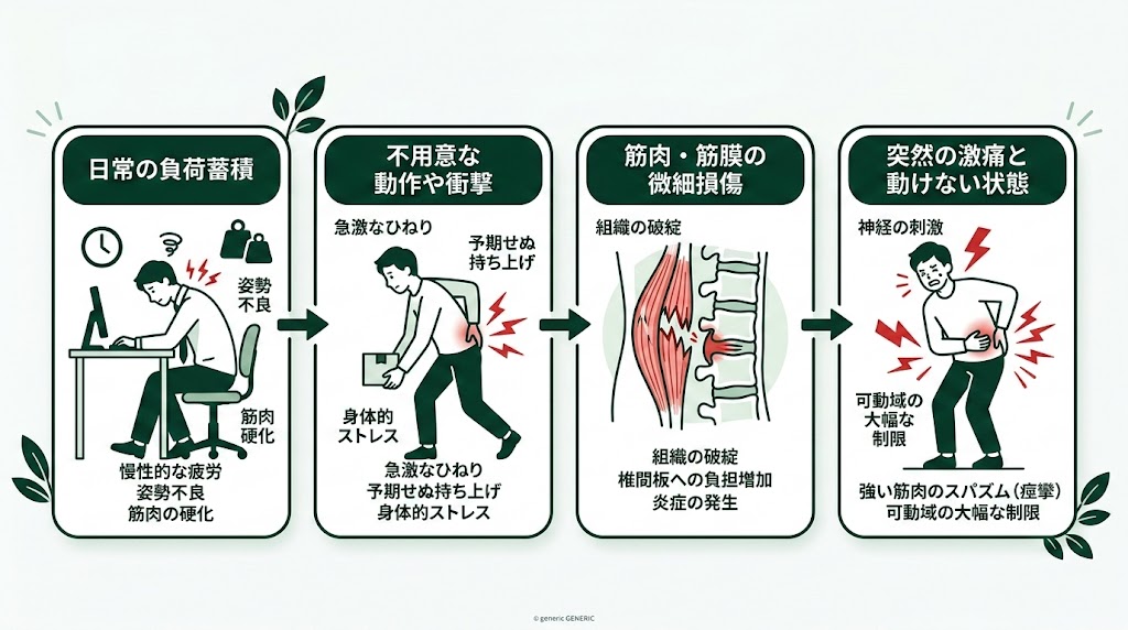 ぎっくり腰の原因|なぜ突然痛くなるのかの図解