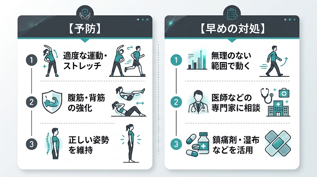 まとめ:ぎっくり腰は「予防」と「早めの対処」がカギの図解