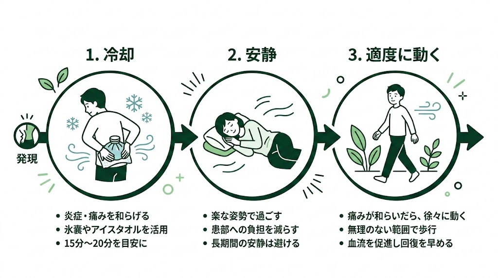 まとめ:ぎっくり腰の応急処置は「冷やす・安静・適度に動く」の図解