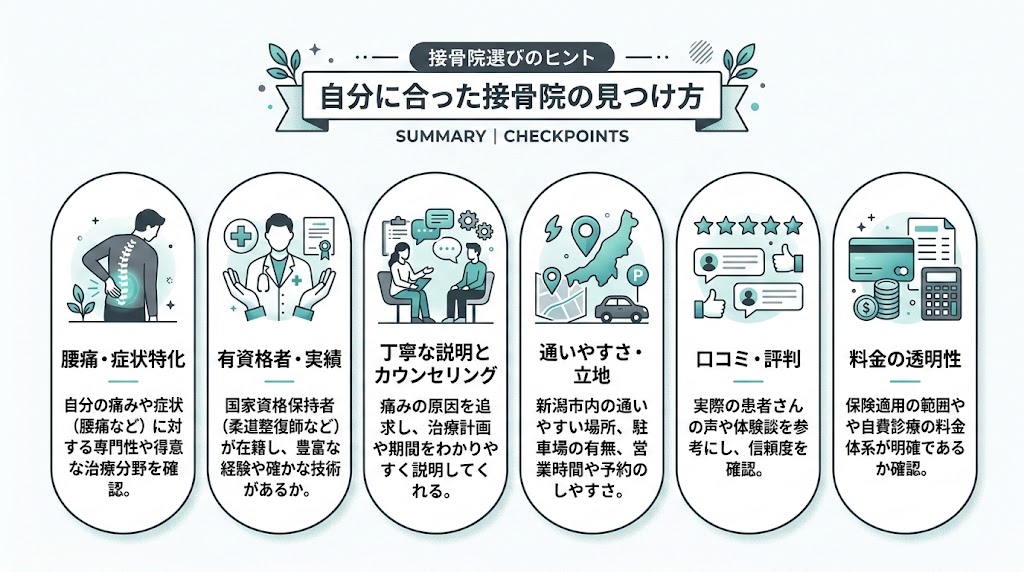 まとめ｜新潟で自分に合った接骨院を見つけようの図解
