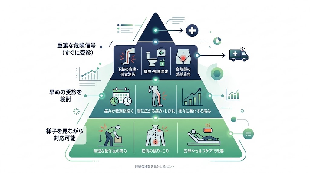 危険な腰痛の見分け方|すぐに病院に行くべきケースの図解