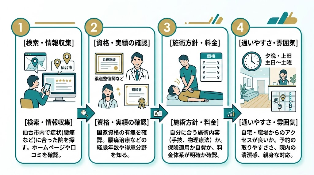 仙台で接骨院を選ぶ際のポイントの図解