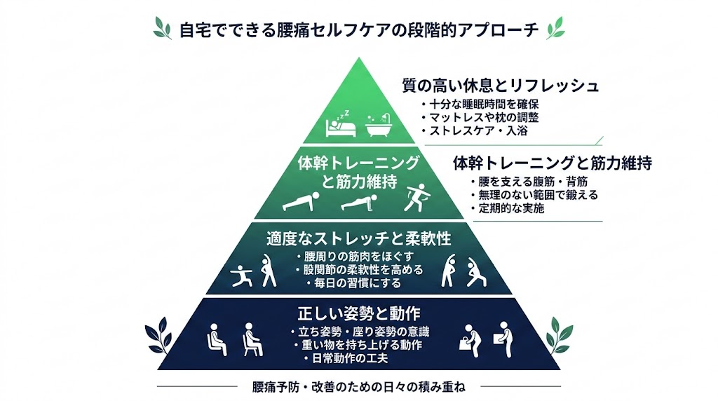 自宅でできる腰痛セルフケアの図解