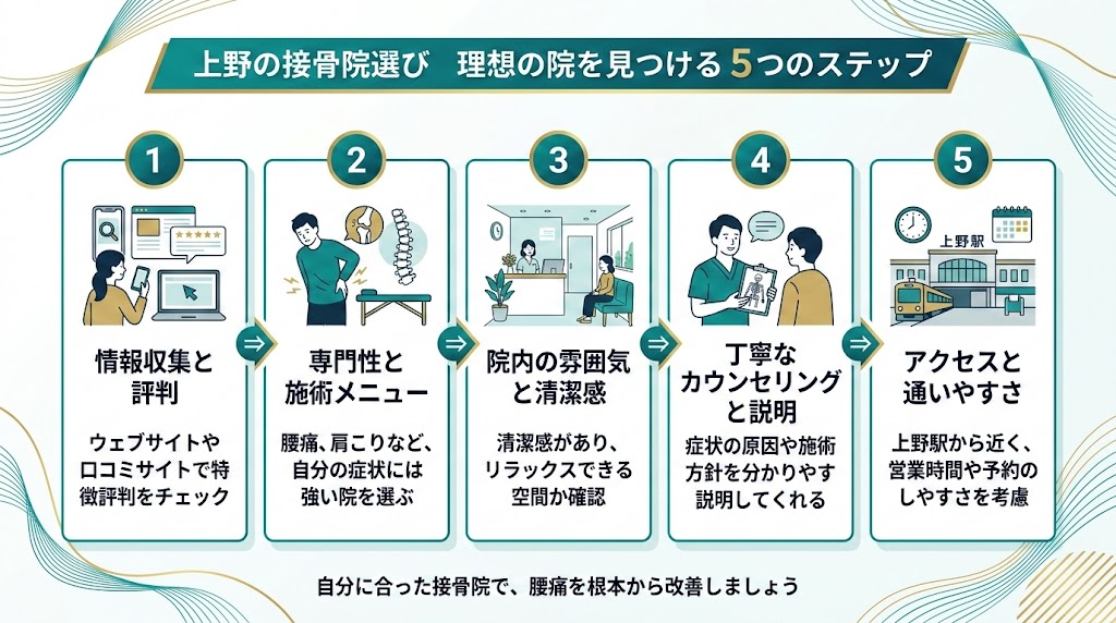 上野で接骨院を選ぶ際のポイントの図解