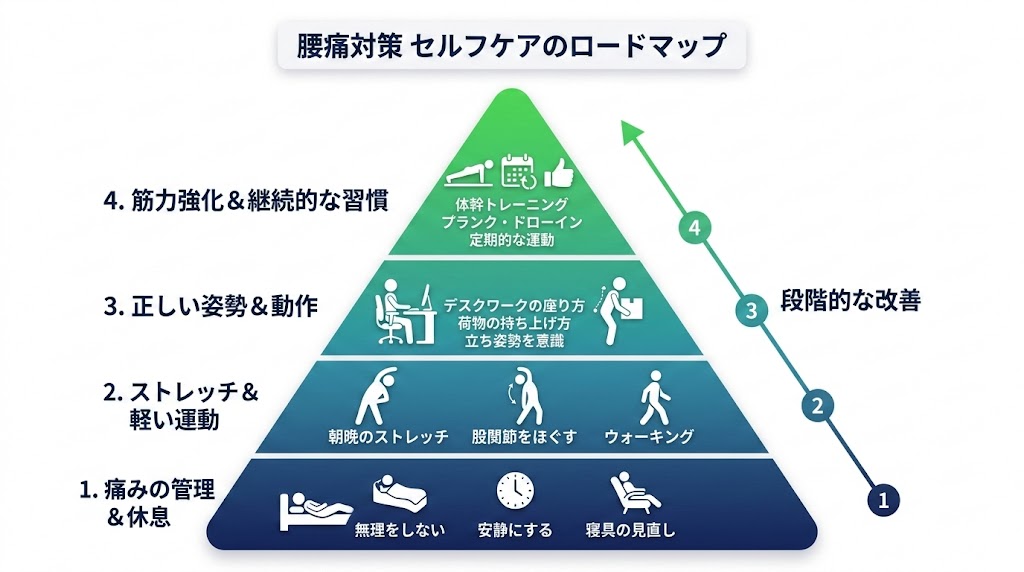 自宅でできる腰痛セルフケアの図解