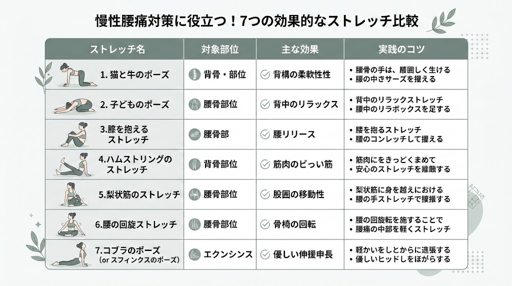 腰痛に効くストレッチ7選の図解