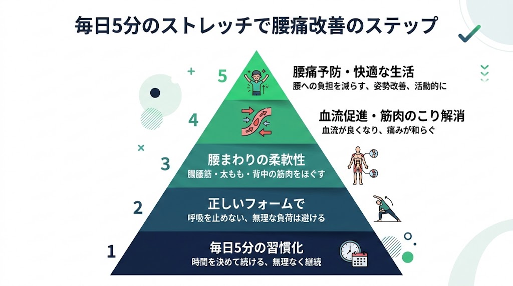 まとめ：毎日5分のストレッチで腰痛を予防・改善の図解