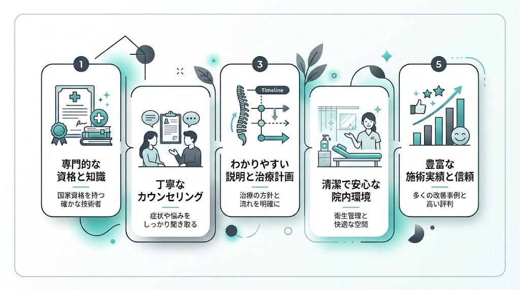 良い接骨院を選ぶ5つのポイントの図解