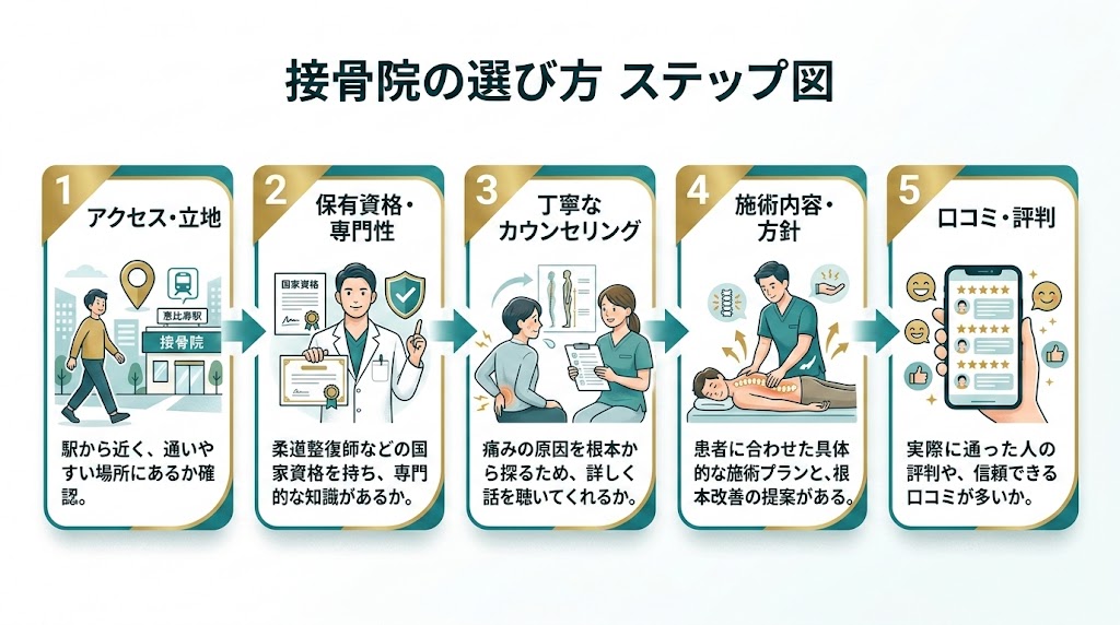 恵比寿駅で接骨院を選ぶ際のポイントの図解
