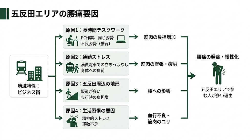 五反田駅周辺で腰痛に悩む人が多い理由の図解