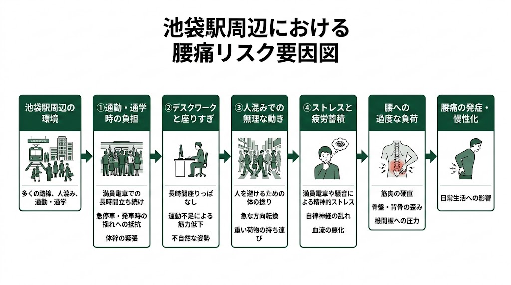池袋駅周辺で腰痛に悩む人が多い理由の図解