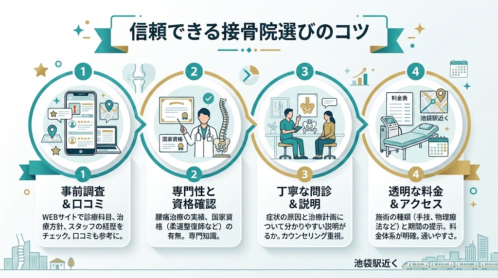 池袋駅で接骨院を選ぶ際のポイントの図解
