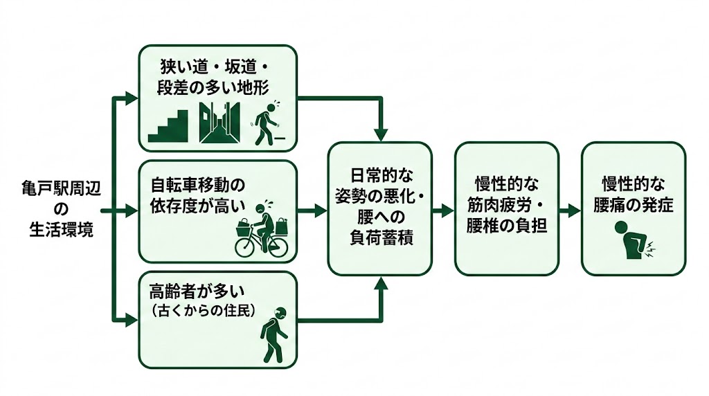 亀戸駅周辺で腰痛に悩む人が多い理由の図解