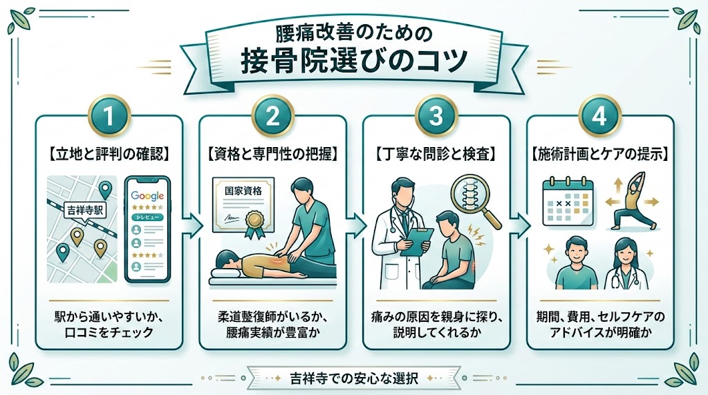 吉祥寺駅で接骨院を選ぶ際のポイントの図解