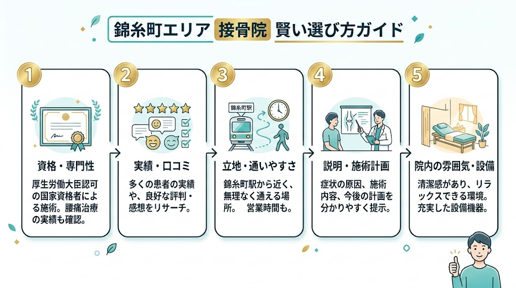 錦糸町駅で接骨院を選ぶ際のポイントの図解