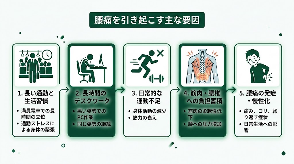 駒込駅周辺で腰痛に悩む人が多い理由の図解