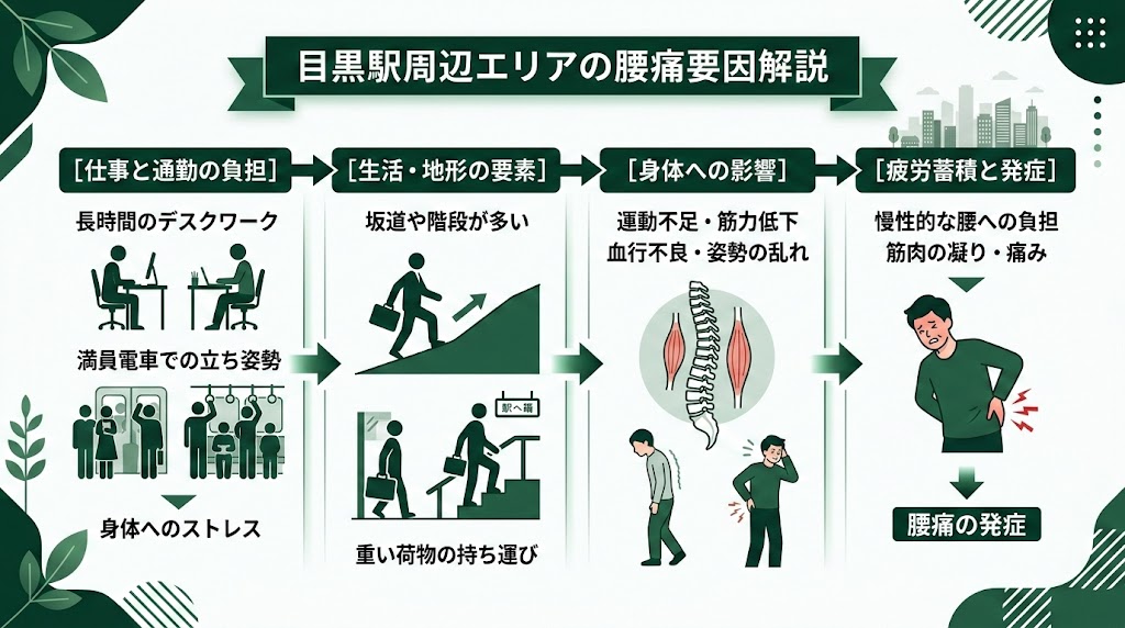 目黒駅周辺で腰痛に悩む人が多い理由の図解