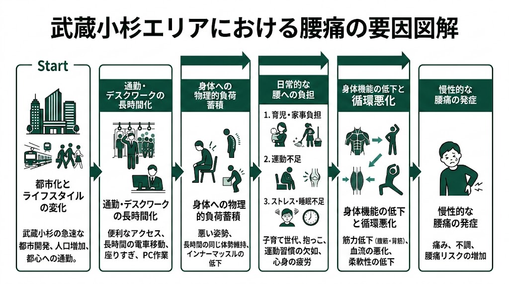 武蔵小杉駅周辺で腰痛に悩む人が多い理由の図解