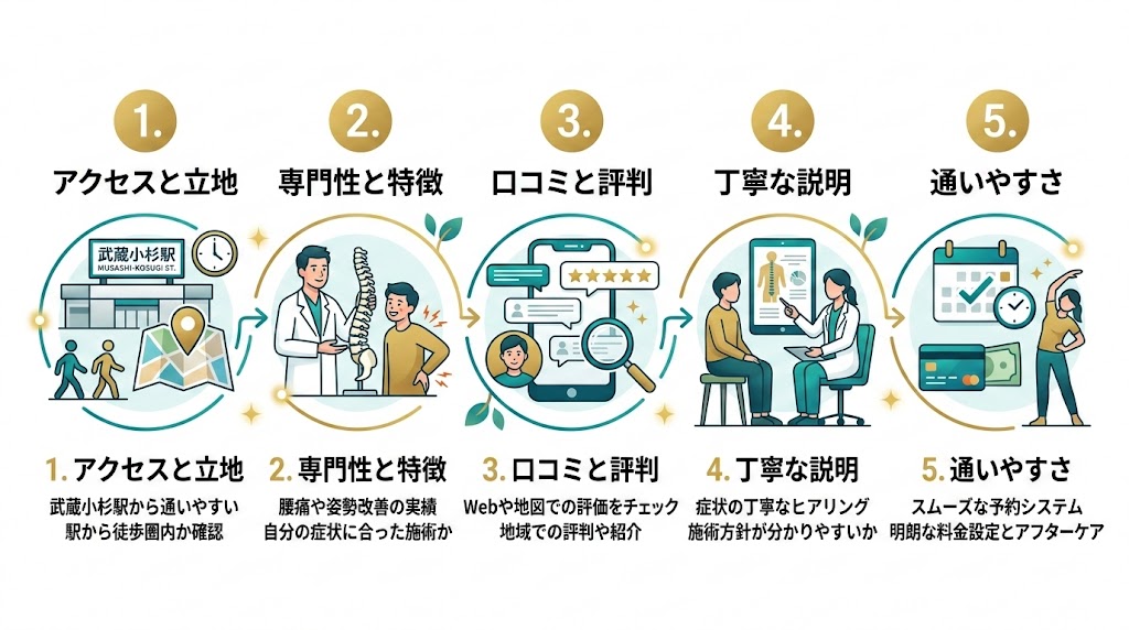 武蔵小杉駅で接骨院を選ぶ際のポイントの図解
