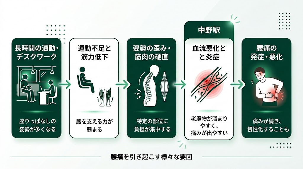中野駅周辺で腰痛に悩む人が多い理由の図解