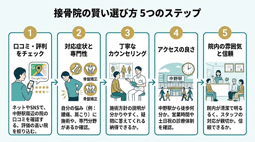 中野駅で接骨院を選ぶ際のポイントの図解