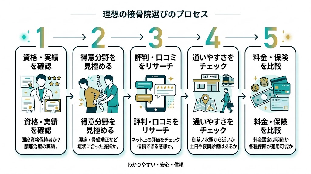 御茶ノ水駅で接骨院を選ぶ際のポイントの図解