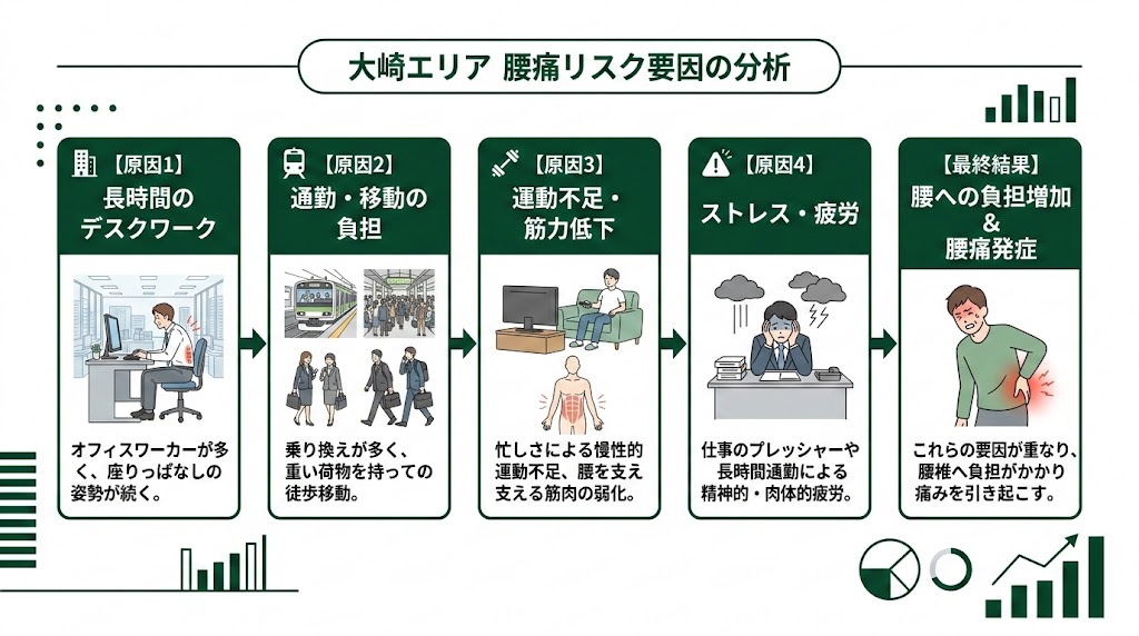 大崎駅周辺で腰痛に悩む人が多い理由の図解