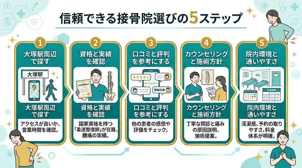 大塚駅で接骨院を選ぶ際のポイントの図解