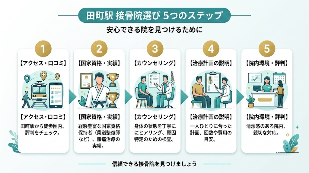田町駅で接骨院を選ぶ際のポイントの図解