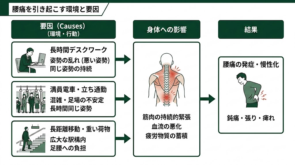 東京駅周辺で腰痛に悩む人が多い理由の図解
