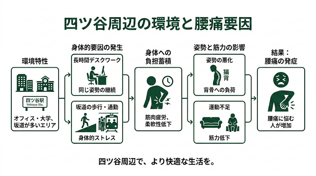 四ツ谷駅周辺で腰痛に悩む人が多い理由の図解