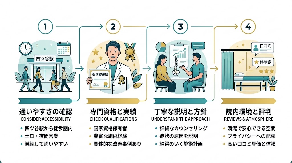 四ツ谷駅で接骨院を選ぶ際のポイントの図解