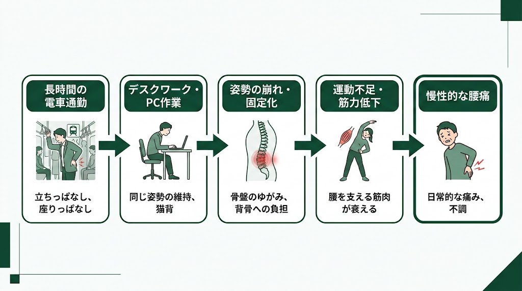 大井町駅周辺で腰痛に悩む人が多い理由の図解