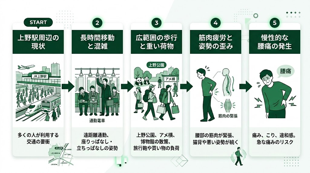 上野駅周辺で腰痛に悩む人が多い理由の図解