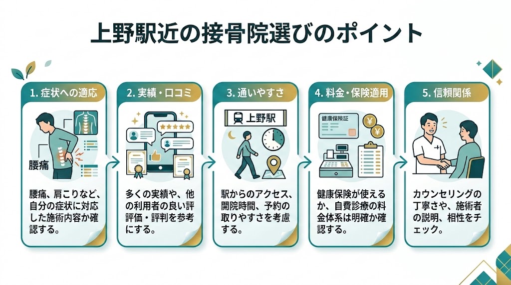 上野駅で接骨院を選ぶ際のポイントの図解