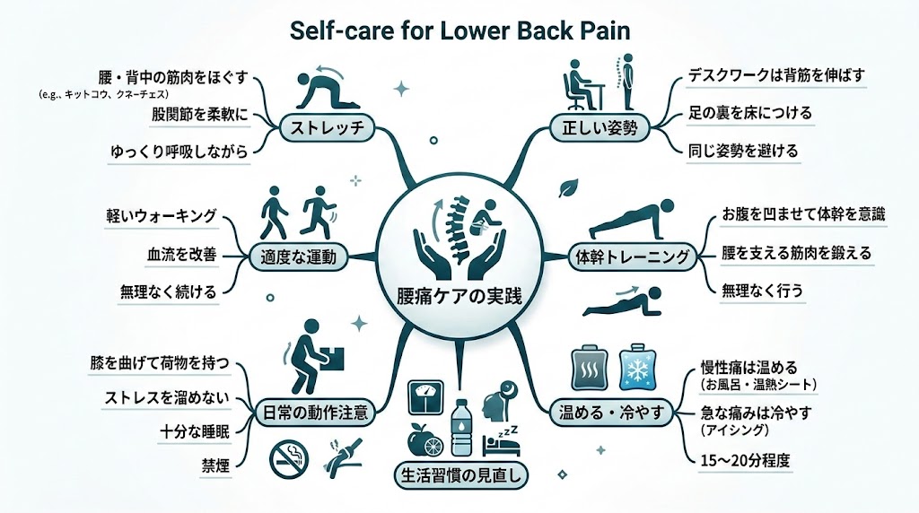 自宅でできる腰痛セルフケアの図解