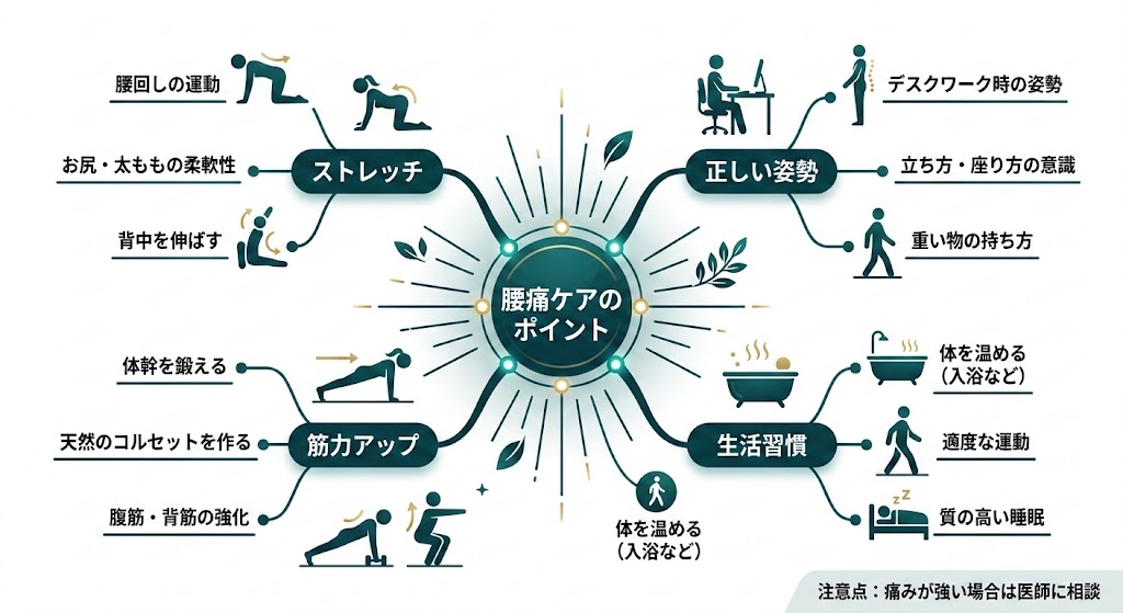 自宅でできる腰痛セルフケアの図解